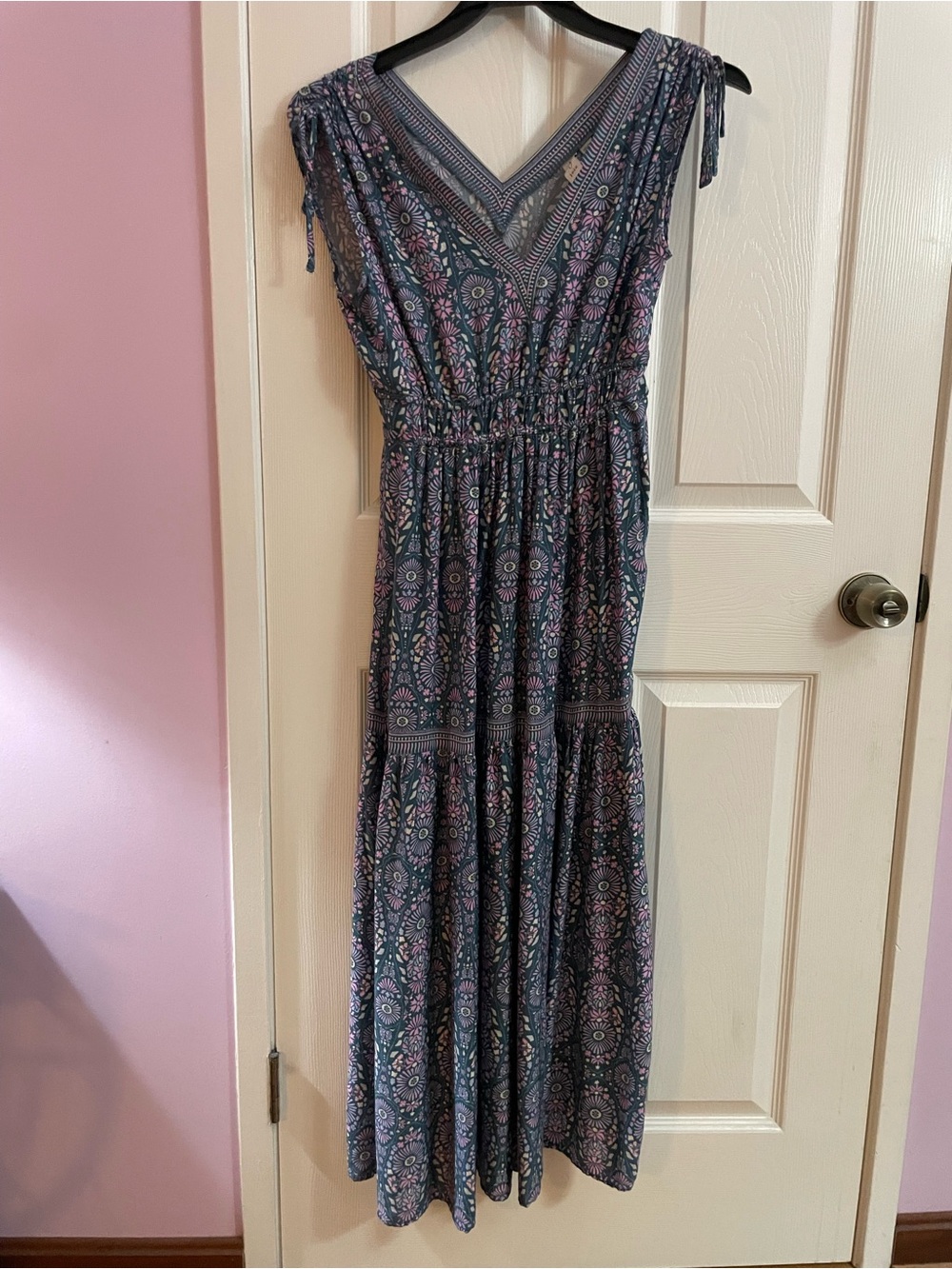 Joie Tiered V‑Neck Maxi Dress in Blue and Pink